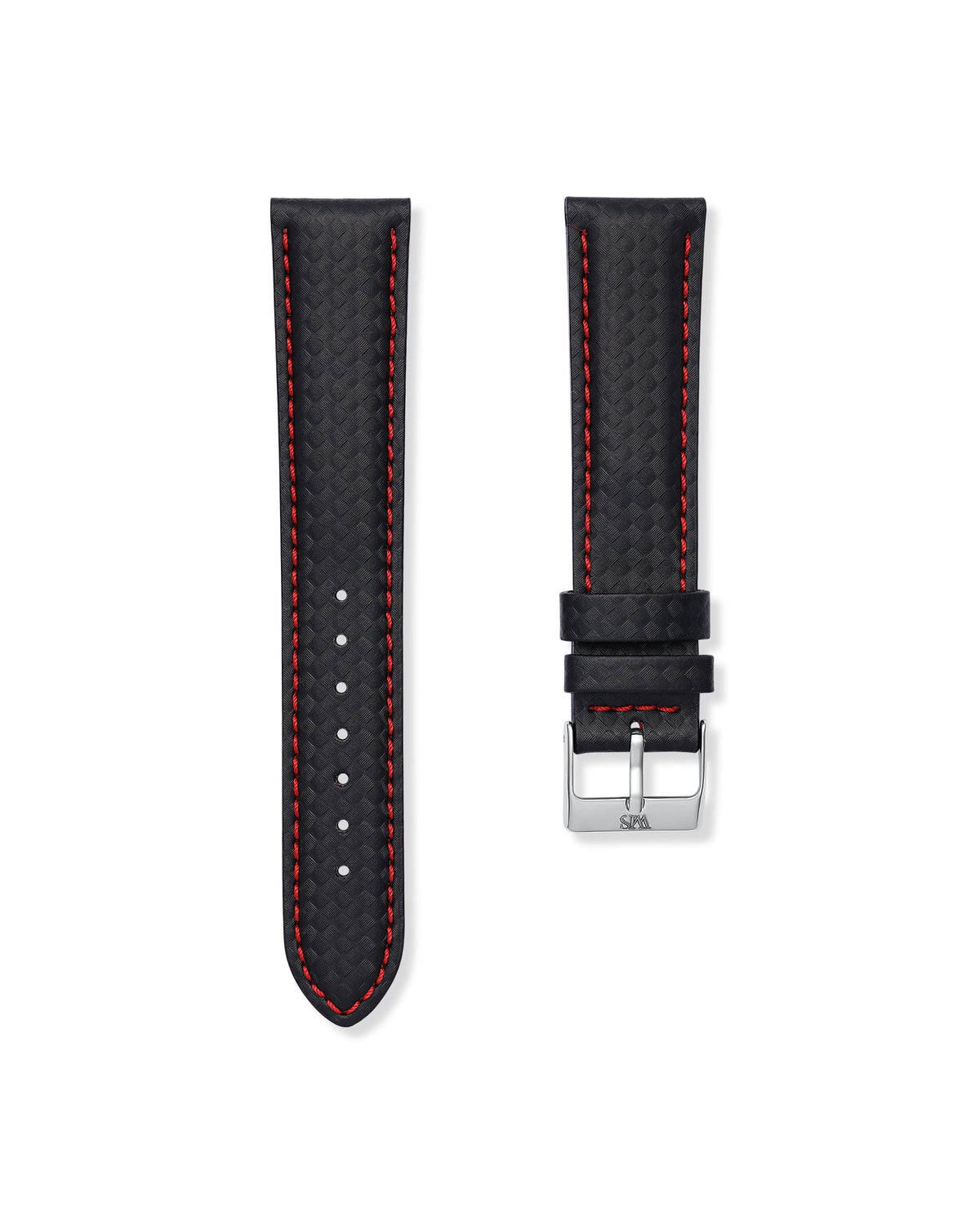 Carbon Fiber Red Stitched Leather Watch Strap 22mm