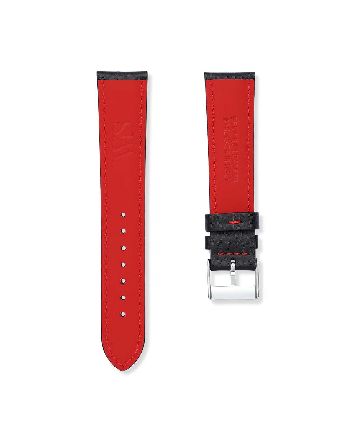 Carbon Fiber Red Stitched Leather Watch Strap 22mm
