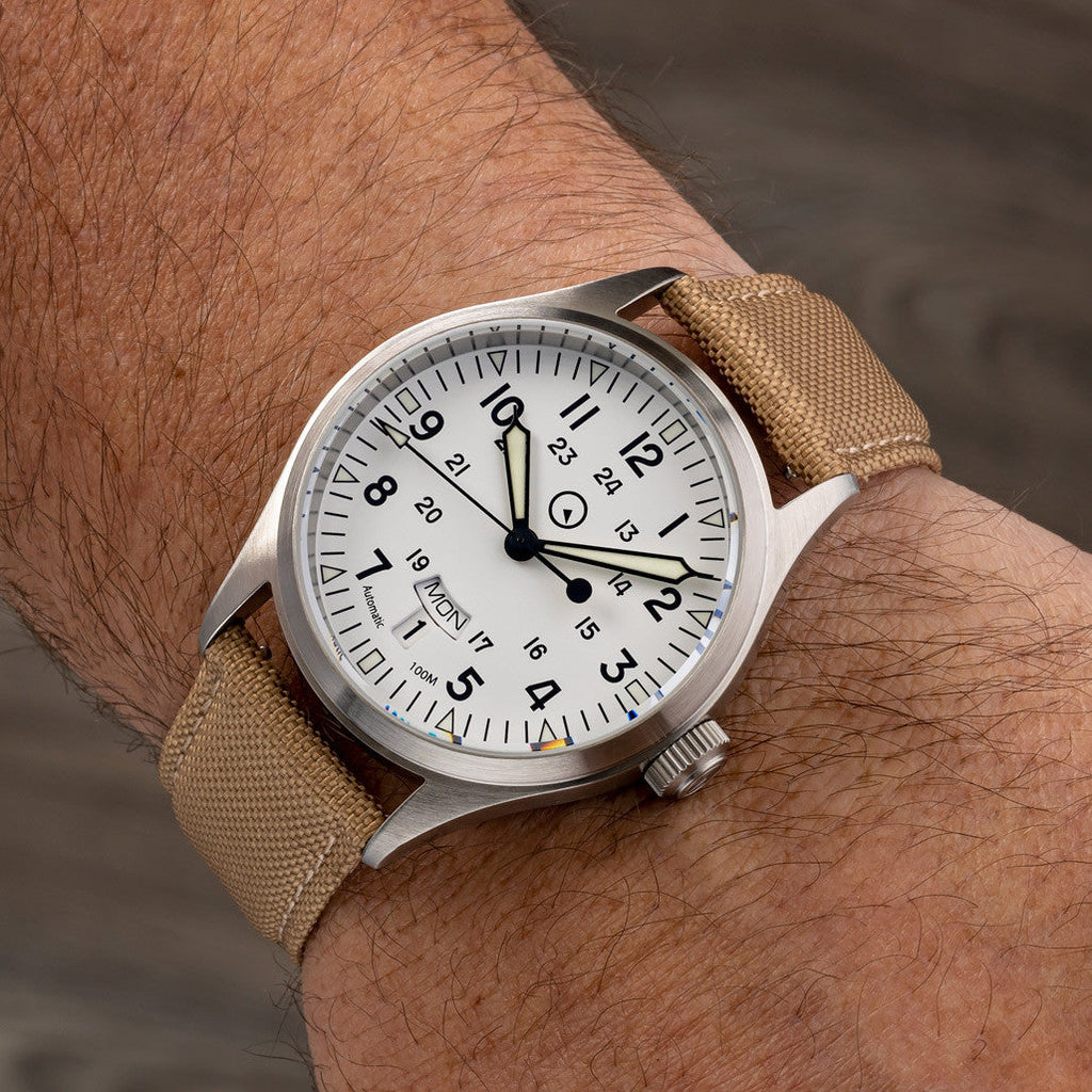 Islander Mitchel "DAY-T" Automatic Field Watch with White Dial and Day-Date Display #ISL-129