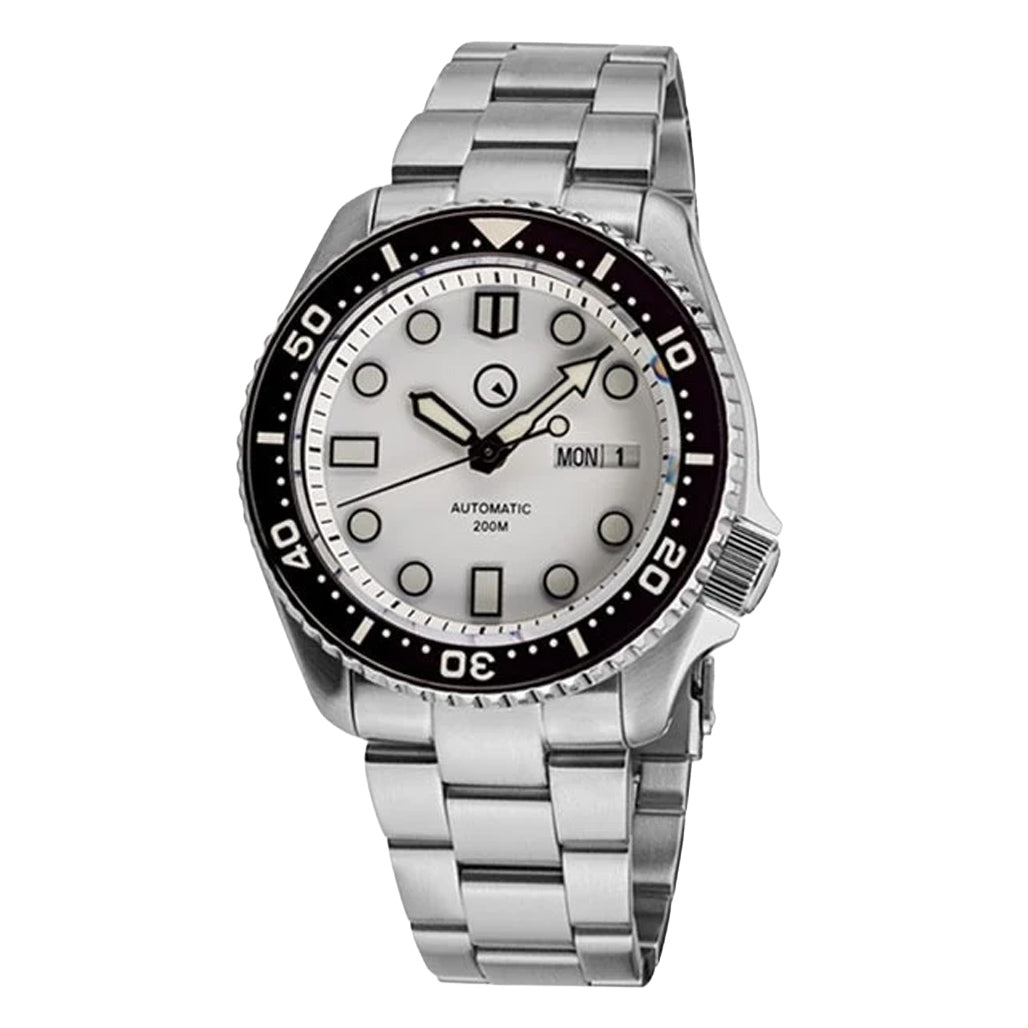 Islander White Dial Automatic Dive Watch with Solid-Link Bracelet, AR Sapphire Crystal, and Luminous Ceramic Bezel Insert #ISL-35