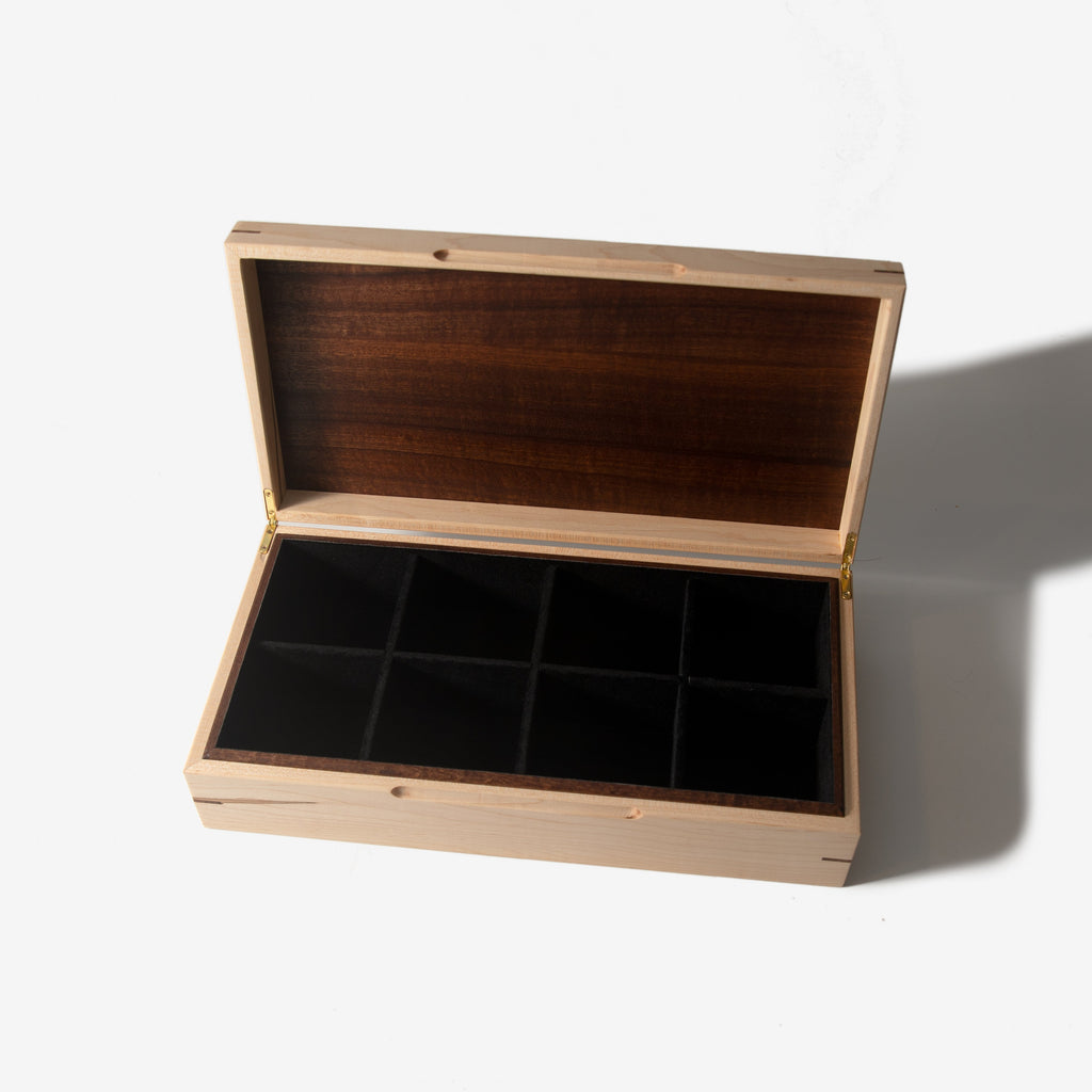 Curly Maple and Sapele Mahogany Watch Box - 8 Watch Compartments