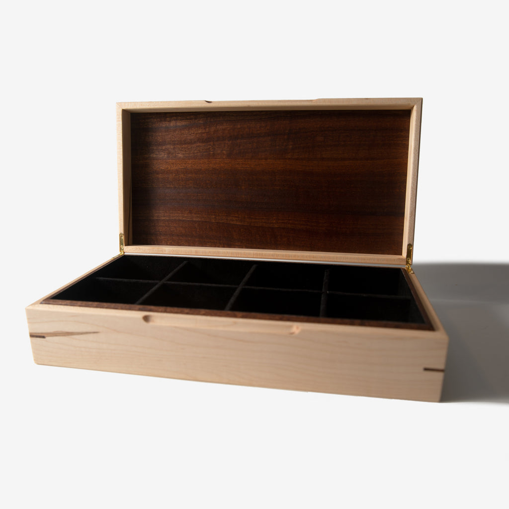 Curly Maple and Sapele Mahogany Watch Box - 8 Watch Compartments