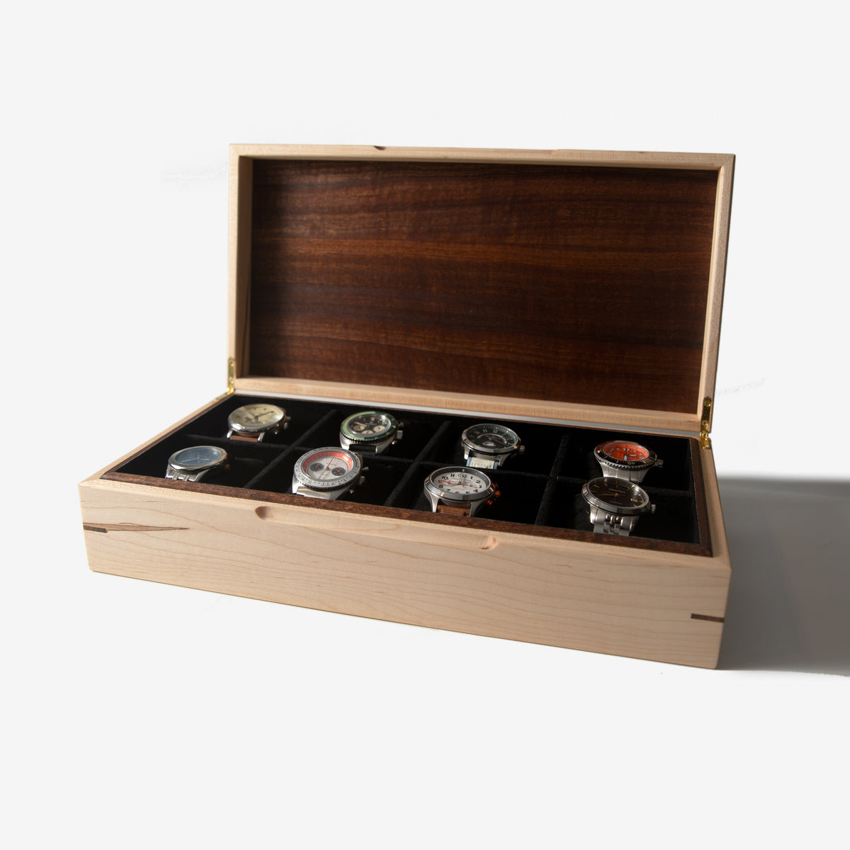 Curly Maple and Sapele Mahogany Watch Box - 8 Watch Compartments