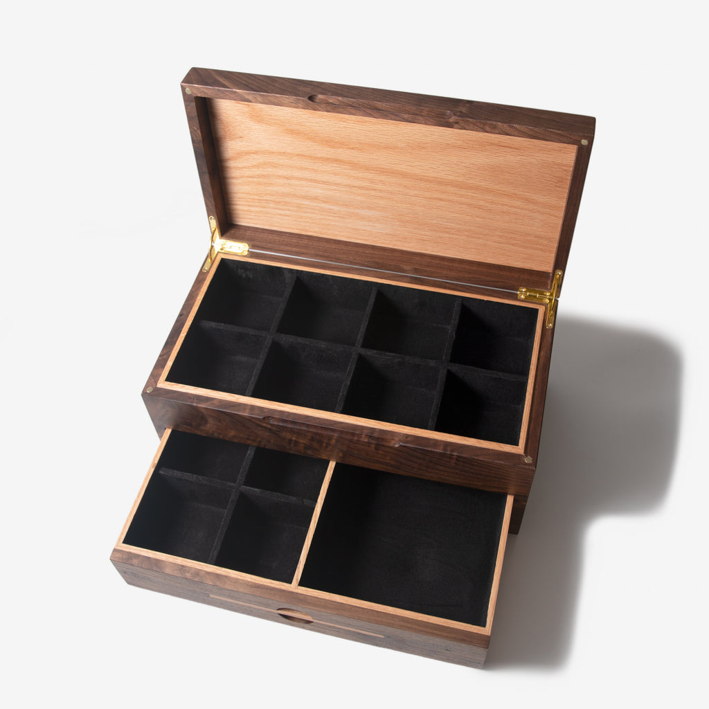 Black Walnut Watch Box with Oak Drawer - 12 to 16 Watch Compartments