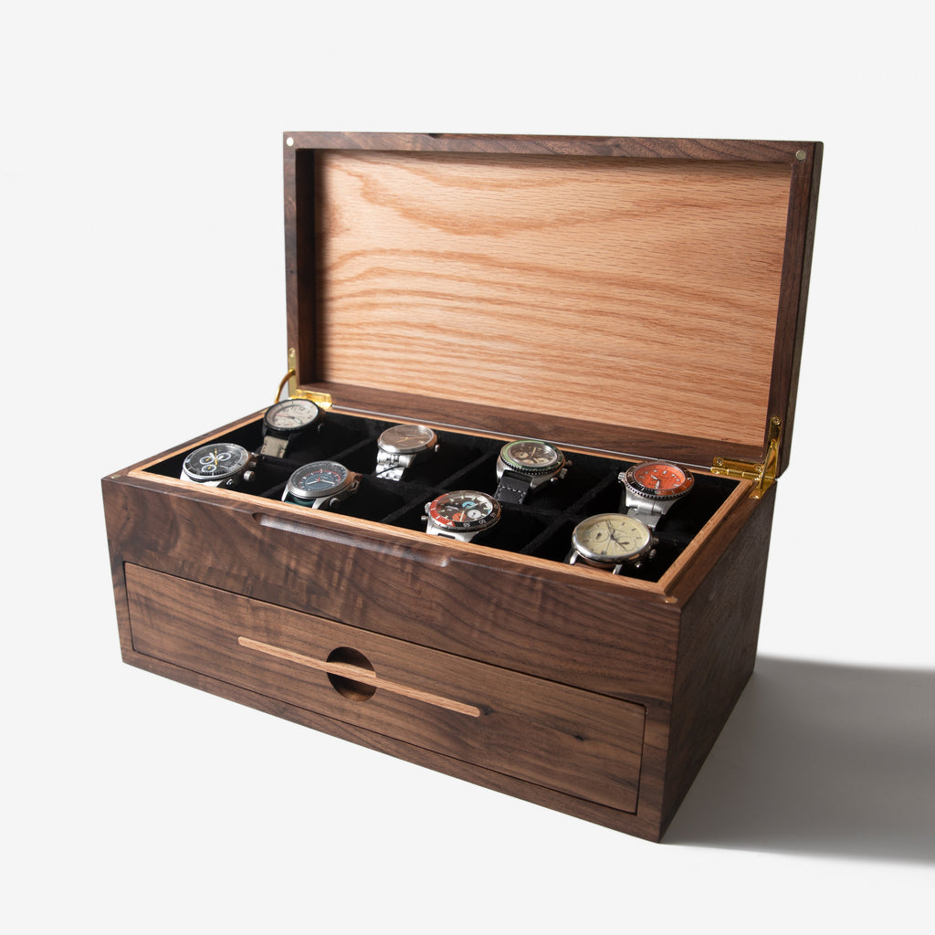 Black Walnut Watch Box with Oak Drawer - 12 to 16 Watch Compartments