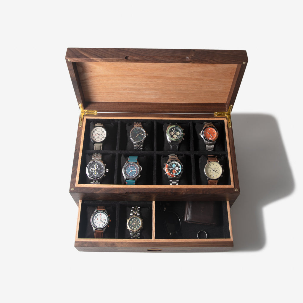 Black Walnut Watch Box with Oak Drawer - 12 to 16 Watch Compartments