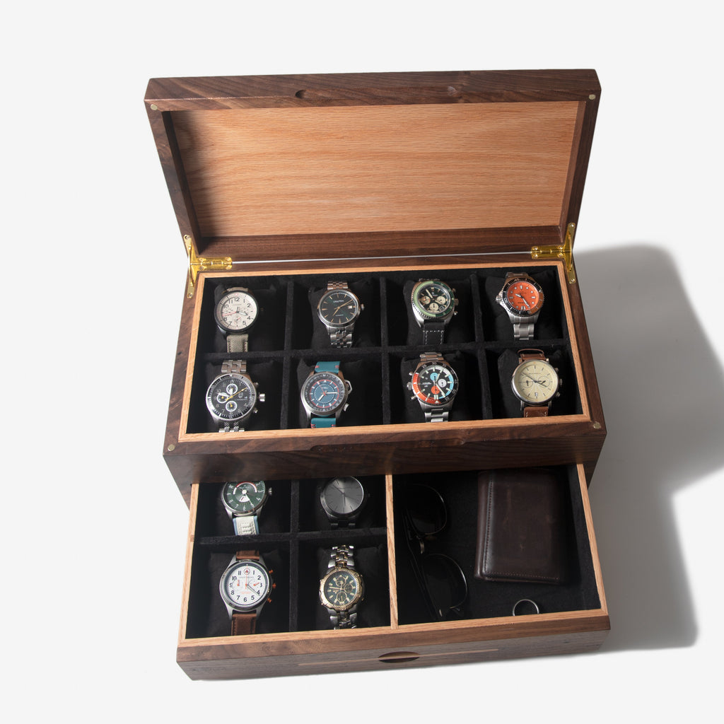 Black Walnut Watch Box with Oak Drawer - 12 to 16 Watch Compartments