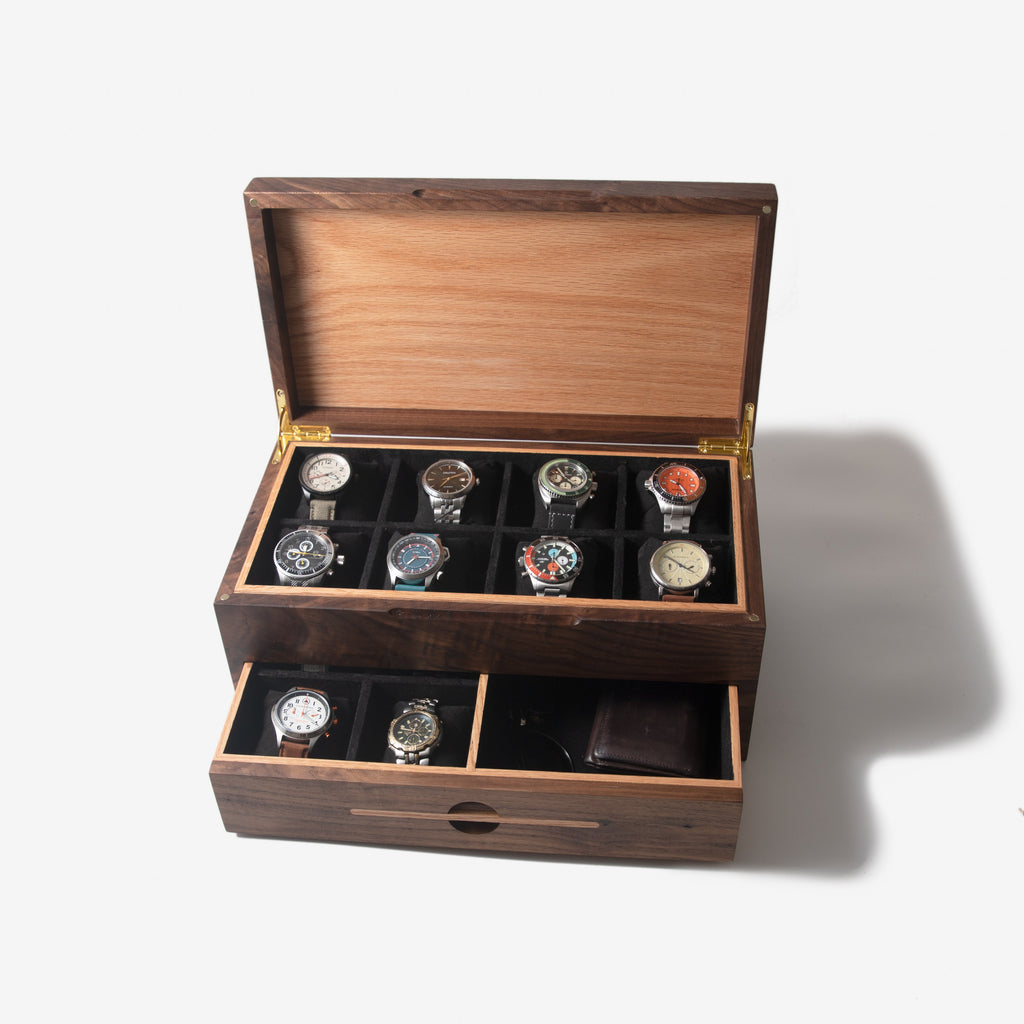 Black Walnut Watch Box with Oak Drawer - 12 to 16 Watch Compartments