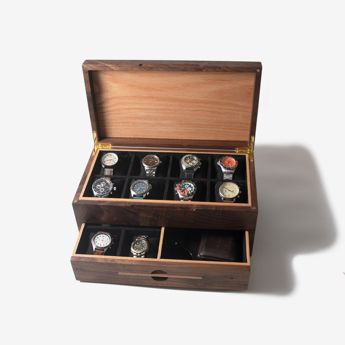 Black Walnut Watch Box with Oak Drawer - 12 to 16 Watch Compartments