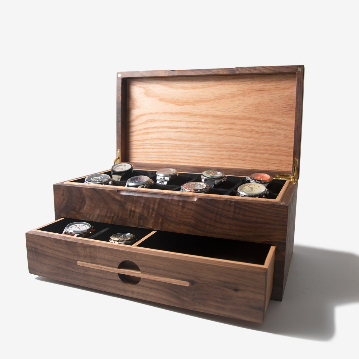 Black Walnut Watch Box with Oak Drawer - 12 to 16 Watch Compartments
