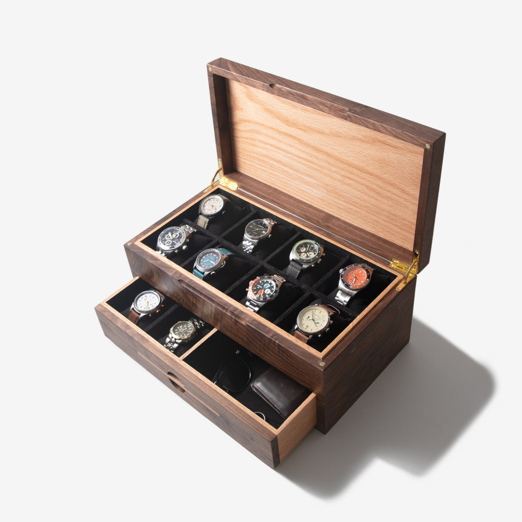 Black Walnut Watch Box with Oak Drawer - 12 to 16 Watch Compartments