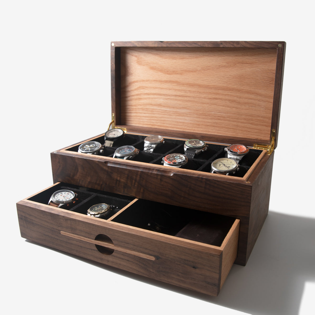 Black Walnut Watch Box with Oak Drawer - 12 to 16 Watch Compartments