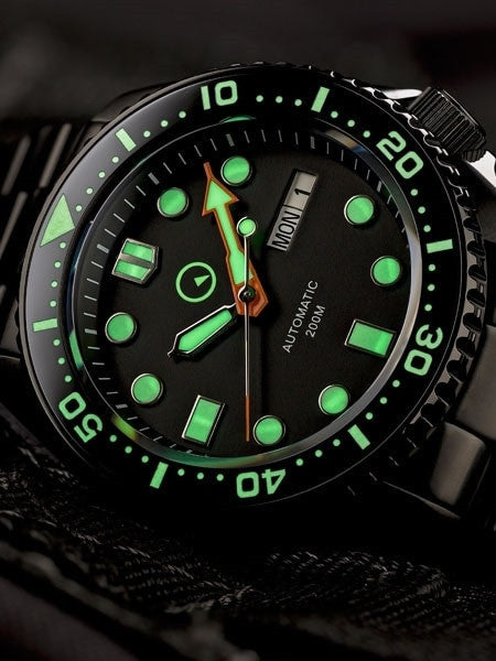Islander Black Dial Automatic Dive Watch with DLC Case and Bracelet, AR Sapphire Crystal, and Luminous Ceramic Bezel Insert #ISL-34