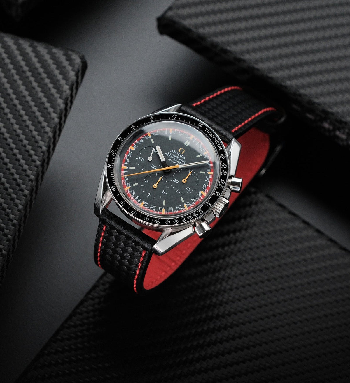 Carbon Fiber Red Stitched Leather Watch Strap 22mm