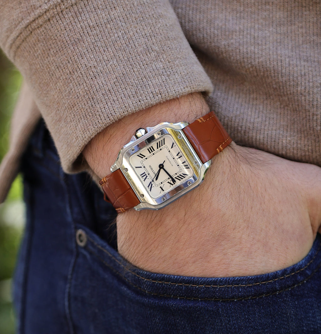 Hazelnut Brown Crocodile Leather Watch Strap For Cartier Santos