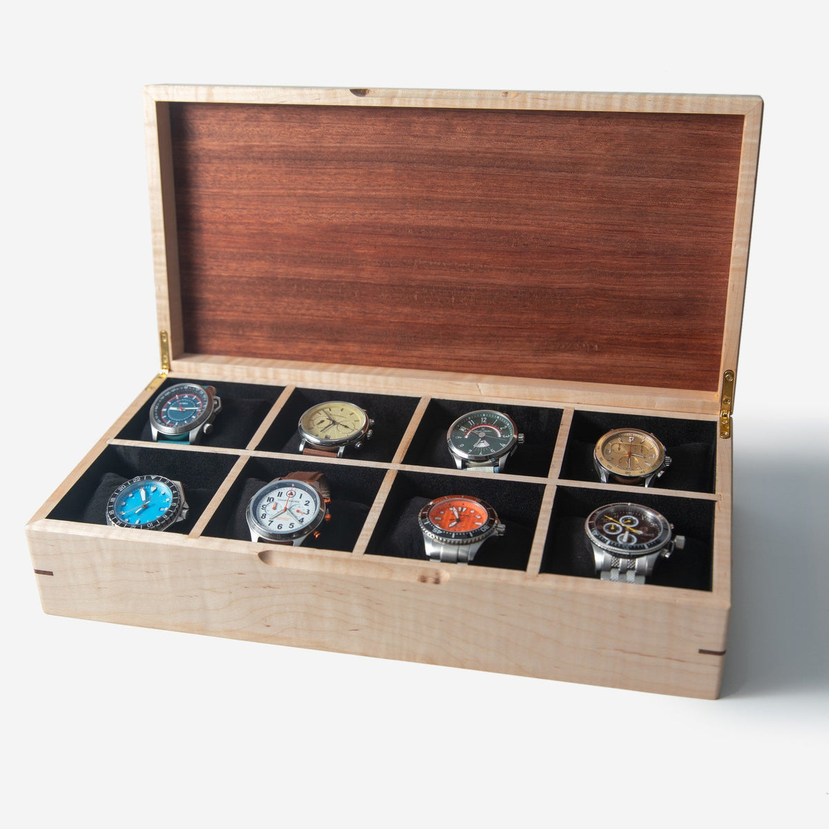 Curly Maple and Sapele Mahogany Watch Box - 8 Watch Compartments