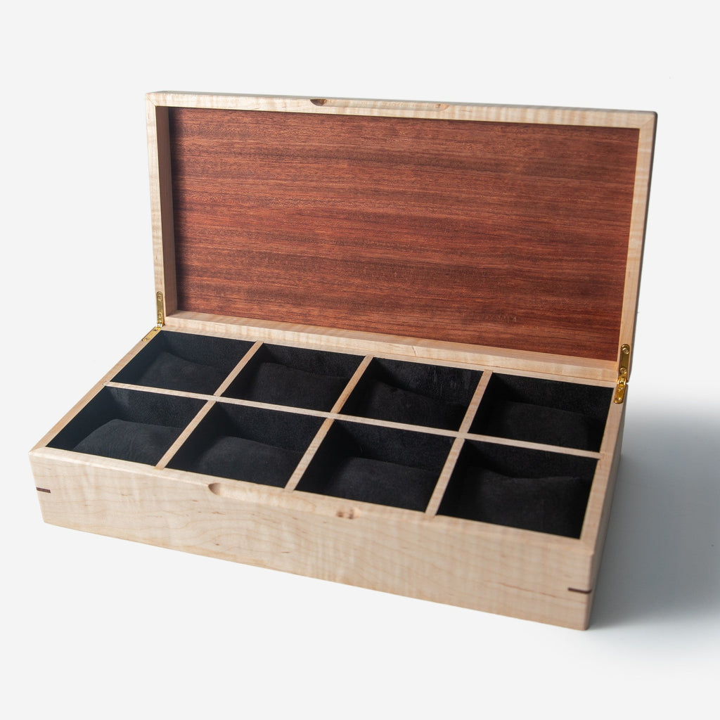 Curly Maple and Sapele Mahogany Watch Box - 8 Watch Compartments