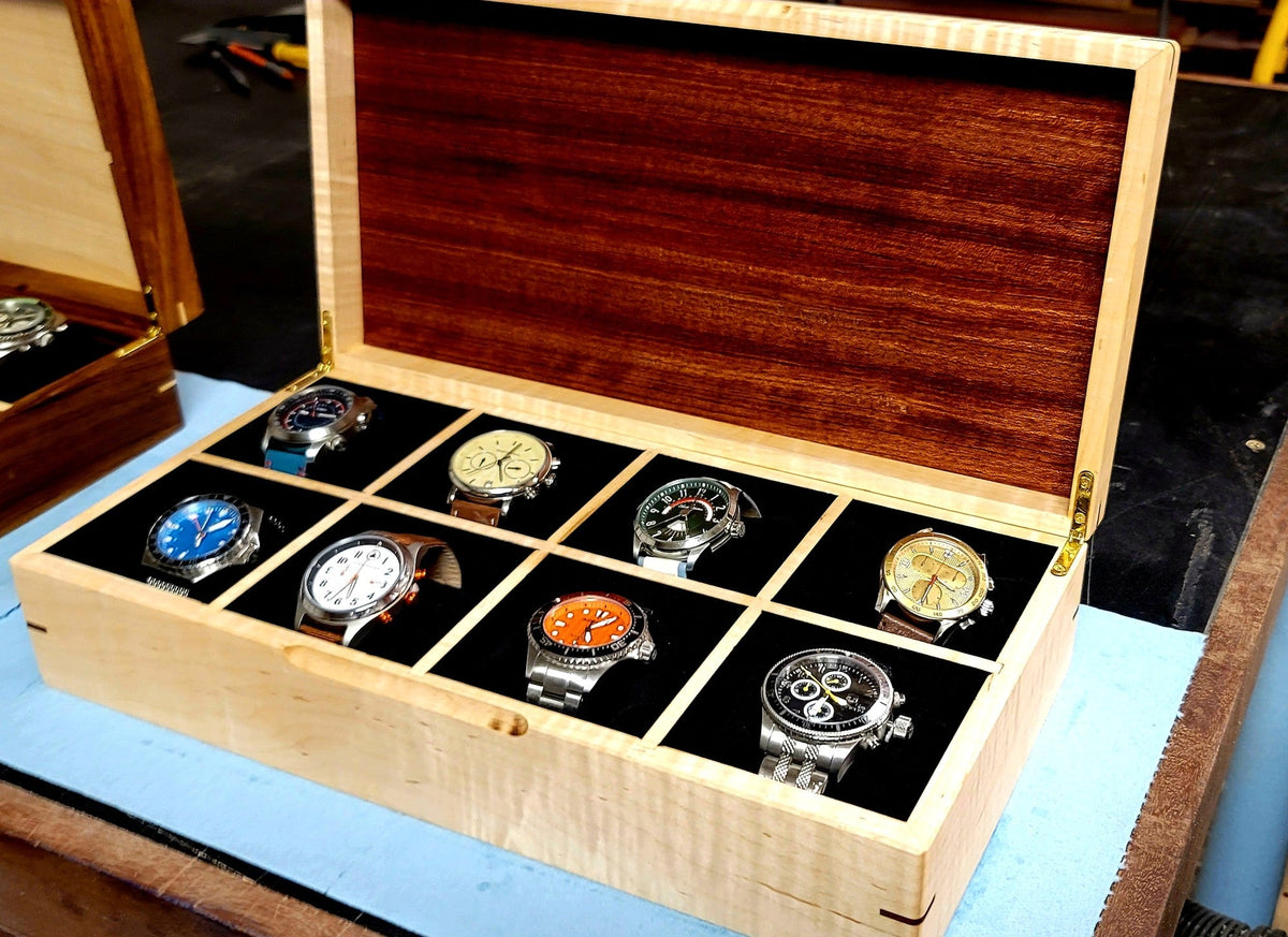 Curly Maple and Sapele Mahogany Watch Box - 8 Watch Compartments