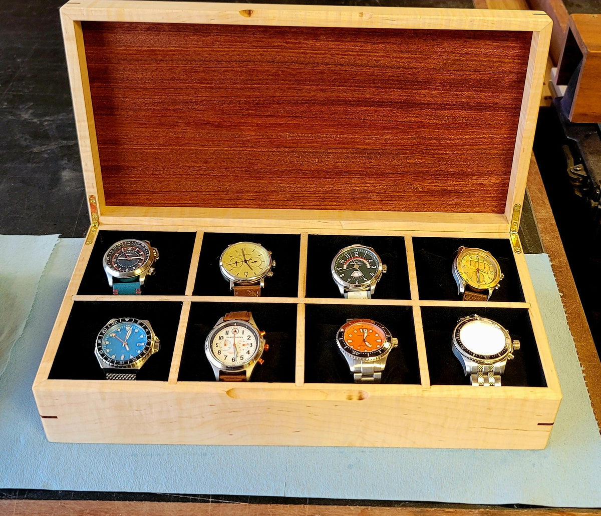 Curly Maple and Sapele Mahogany Watch Box - 8 Watch Compartments