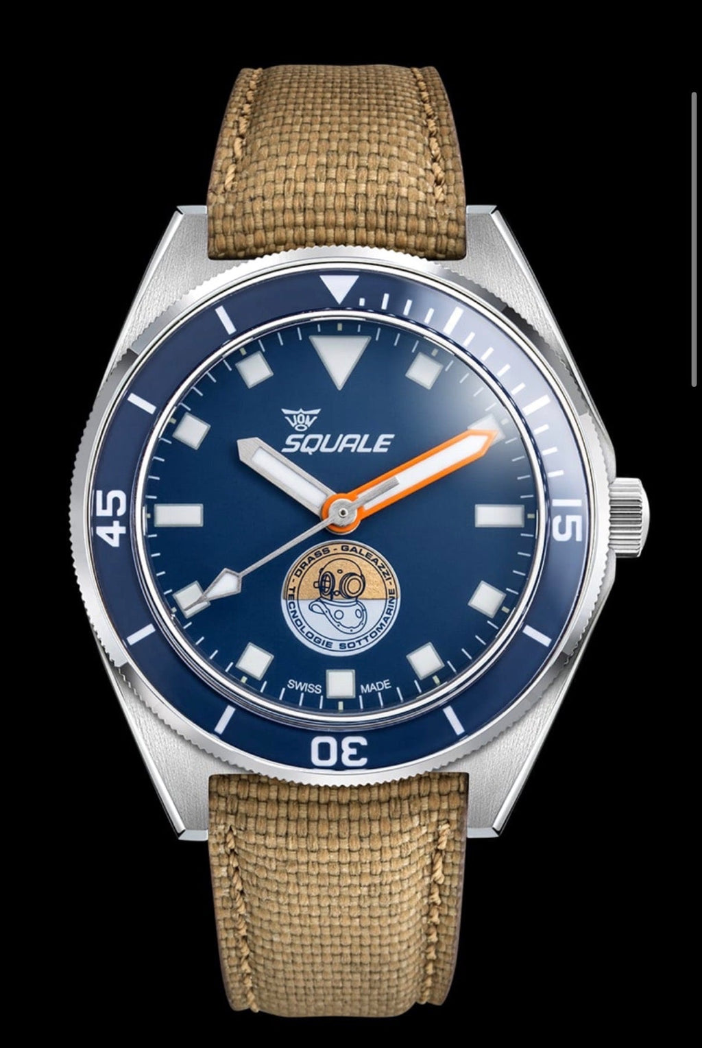 Squale Galeazzi Artiglio blue dial watch on sand strap, front view
